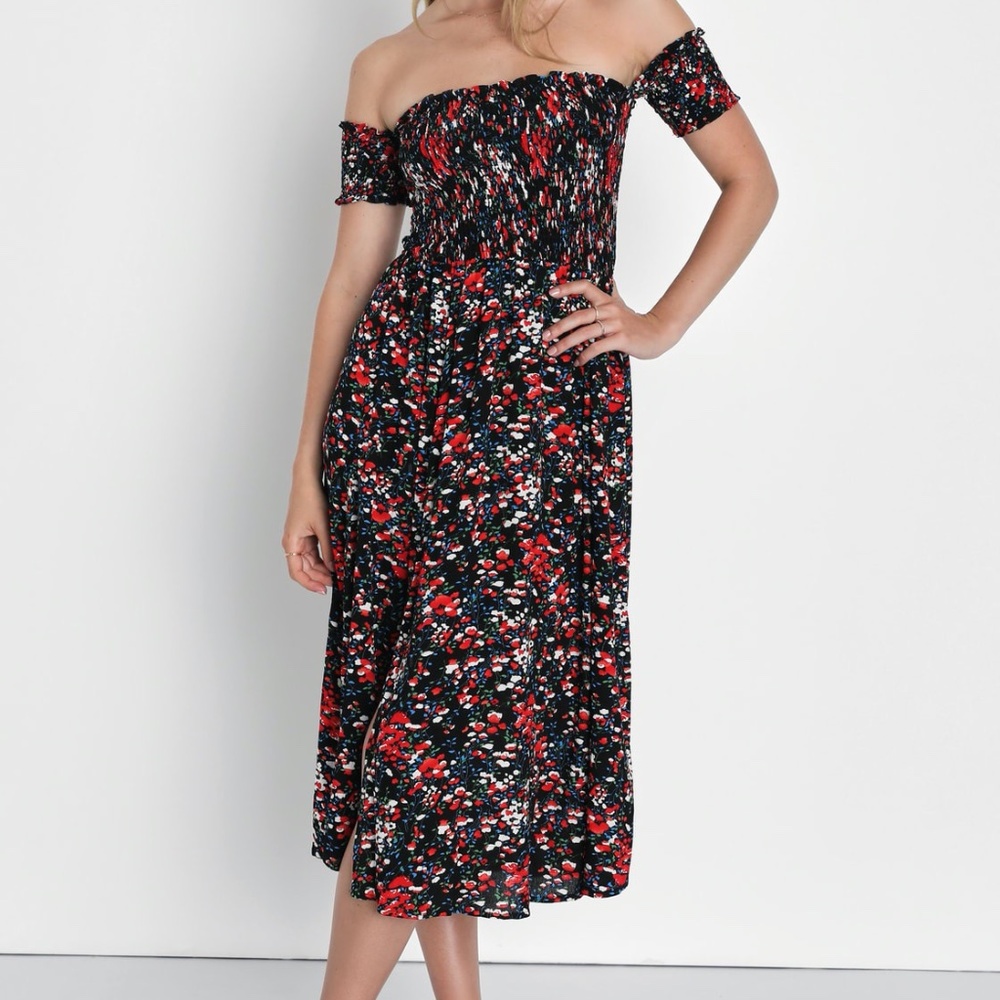 Lulus Black Floral Print Off-the-Shoulder Dress